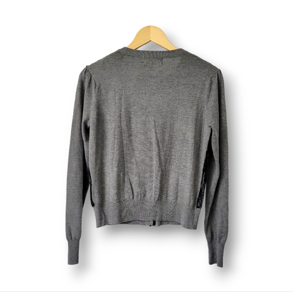 Sharagano Grey Black Lace Button Up, Long Sleeve Cardigan Sweater, M - Picture 2 of 6